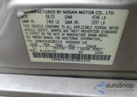 2006 Nissan Maxima Se from USA, damaged, VIN 1N4BA41EX6C801524